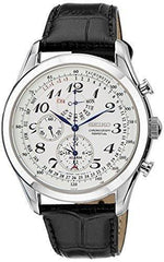 Seiko Men's SPC131P1 Neo Classic Alarm Perpetual Chronograph White Dial Black Leather Strap Watch