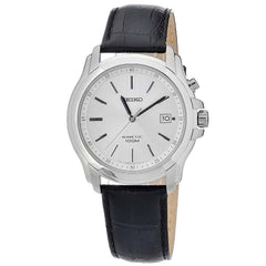 Seiko SKA487P2 Men's Silver Dial Black Leather Strap Stainless Steel Kinetic Watch