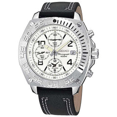 Seiko SNA621 Men's White Dial Black Leather Strap Chronograph Alarm Watch
