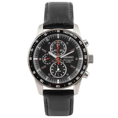 Seiko SNAE35P1 Men's Black Leather Strap Black Dial Chronograph Alarm Watch