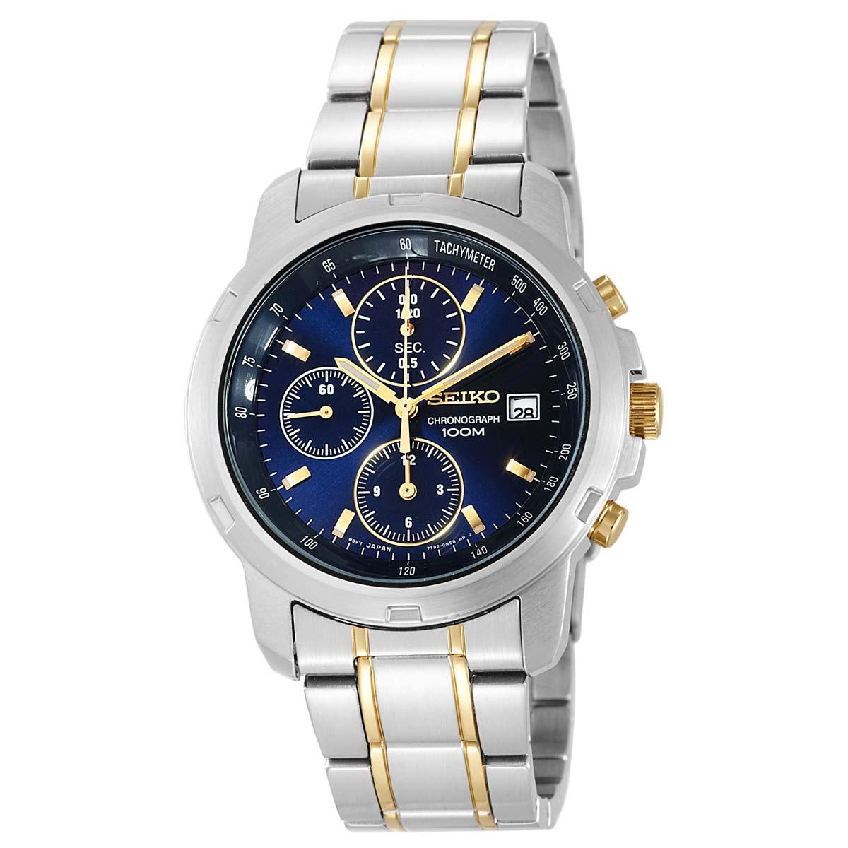 Seiko SNDB05 Men s Blue Dial Two Tone Bracelet Chronograph Watch