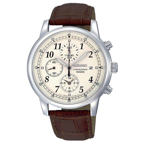 Seiko SNDC31 Men's Classic Beige Dial Brown Leather Strap Chronograph