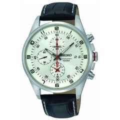 Seiko SNDC87P2 Men's White Dial Black Leather Strap Chronograph Watch