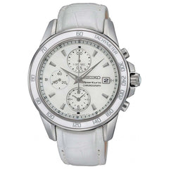 Seiko SNDX99P1 Women's Sportura White MOP Dial White Leather Strap Chronograph Watch