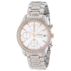 Seiko SNDY18 Women's Swarovski Crystal Accented Bezel MOP Dial Two Tone Steel Chronograph Watch