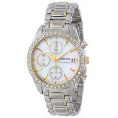 Seiko SNDY20 Women's Chronograph Swarovski Crystal Accented Bezel MOP Dial Two Tone Steel Watch