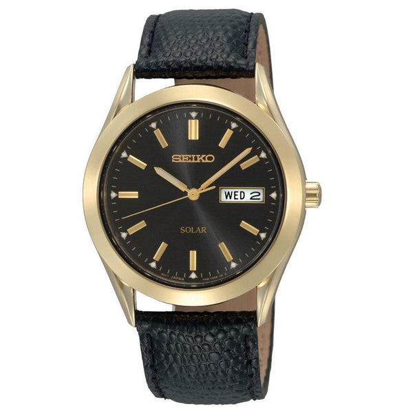 Seiko SNE054 Men's Solar Dress Black Dial Black Leather Strap Gold Tone  Steel Watch