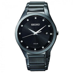 Seiko SNE243 Men's Solar Black Dial Black Ion Plated Steel Diamond Watch