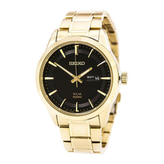 Seiko SNE368 Men's Core Solar Black Dial Yellow Gold Steel Bracelet Power Reserve Watch