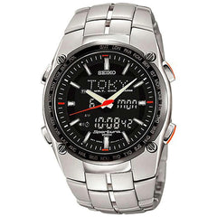 Seiko SNJ005 Men's Sportura GMT Ana-Digi Black Dial Steel Bracelet Chronograph Alarm Watch