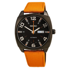 Seiko SNKN39 Men's Recraft Black Dial Black IP Steel Orange Nylon Strap Automatic Watch