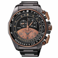 Seiko SNL068 Men's Kinetic Super Black & Rose Gold Dial Black IP Steel Bracelet Chronograph Watch
