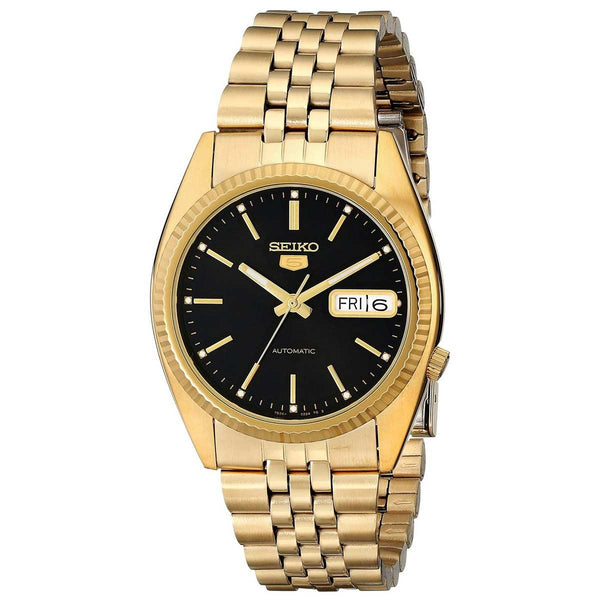 Seiko SNXZ16 Men s 5 Automatic Black Dial Yellow Gold Plated Steel Bra