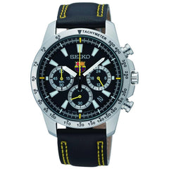 Seiko SSB073P2 Men's FC Barcelona Black Dial Black Leather Strap Chronograph Watch