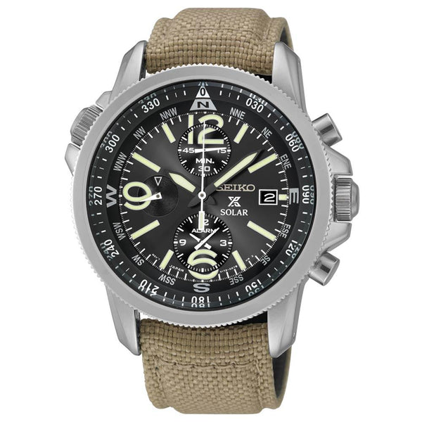 Seiko SSC293 Men's X Prospex Solar Black Dial Beige Nylon Strap Chronograph  Alarm Watch