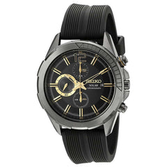 Seiko SSC385 Men's Recraft Chronograph Black Dial Solar Power Reserve Black Silicone Strap Watch