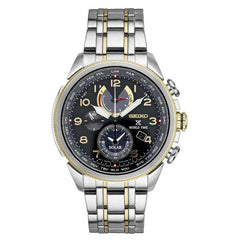 Seiko SSC508 Men's Prospex Solar World Time Black Dial Two Tone Steel Chronograph Alarm Watch