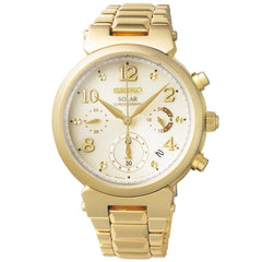 Seiko SSC858 Women's Core Solar Chronograph Champagne Dial Yellow Gold Steel Bracelet Watch
