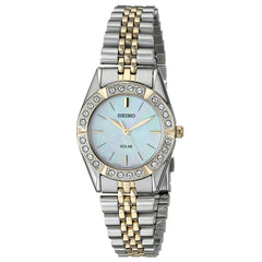 Seiko SUP094 Women's Core Solar Swarovski Crystals Bezel MOP Dial Two Tone Steel Watch