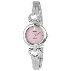 Seiko SUP135 Women's Classic Solar Pink Dial Heart Shape Hinges Stainless Steel Bangle Bracelet Watch