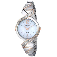 Seiko SUP264 Women's Core Solar MOP Dial Two Tone Rose Gold Steel Swarovski Crystal Accented Watch