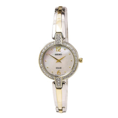 Seiko SUP288 Women's Core Solar White MOP Dial Two Tone Steel Power Reserve Crystal Watch