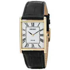 Seiko SUP880 Men's Solar Core White Dial Yellow Gold Steel Black Leather Strap Quartz Watch