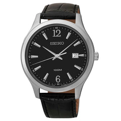 Seiko SUR055 Men's Black Dial Black Leather Strap Watch