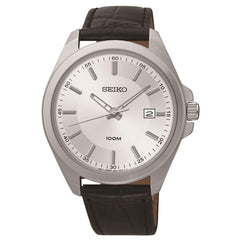 Seiko SUR065 Men's Silver Dial Black Leather Strap Watch