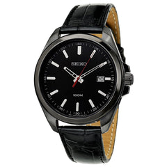 Seiko SUR071 Men's Dress Black Dial Quartz Black IP Steel Leather Strap Watch