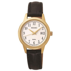 Seiko SUR844 Women's White Dial Yellow Gold Steel Black Leather Strap Date Watch