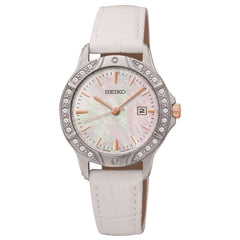 Seiko SUR871 Women's Swarovski Crystal Accented Bezel MOP Dial White Leather Strap Watch