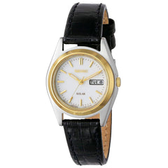 Seiko SUT112 Women's Solar Two Tone Steel White Dial Black Leather Strap Watch
