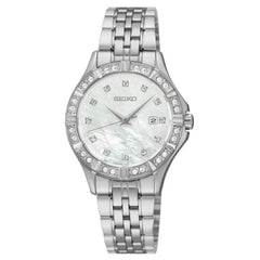 Seiko SXDF11P1 Women's Swarovski Accented Bezel MOP Dial Steel Bracelet Watch