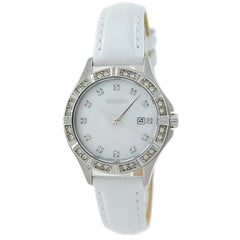 Seiko SXDF11P2 Womens Swarovski Accented Bezel MOP Dial White Leather Band Watch