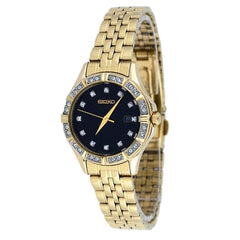 Seiko SXDF20 Women's Swarovski Crystal Accented Bezel Black Dial Gold Plated Steel Bracelet Watch