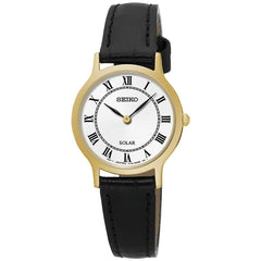 Seiko Women's Quartz Watch - Yellow Gold Case White Dial Black Leather Strap | SUP304