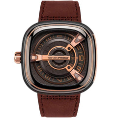 SevenFriday Men's Automatic Watch - M Series Black Dial Brown Leather Strap | M2-02