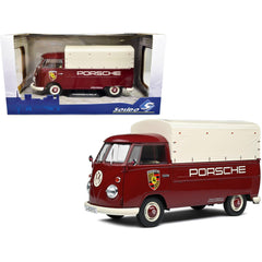 Solido 1/18 Scale Model Pickup Truck - Porsche Service 1950 Volkswagen T1 Dark Red