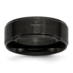 Stainless Steel 8mm Brushed/Polished Cross Cut-Out Black IP-plated Band