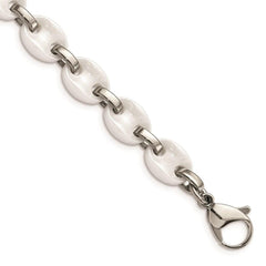 Stainless Steel & White Ceramic 7in w/1in ext Bracelet