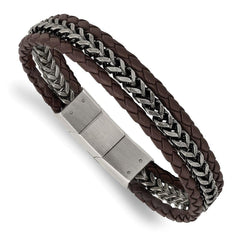 Stainless Steel Antiqued and Brushed Brown Leather w/.5in ext Bracelet