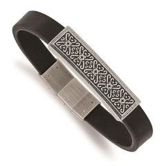 Stainless Steel Antiqued & Polished Black Leather w/.5in ext 8in Bracelet
