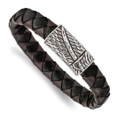 Stainless Steel Antiqued & Polished Black/Brown Leather Sword 8.5in Bracele