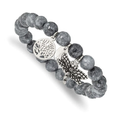 Stainless Steel Antiqued & Polished Dragonfly Grey Dyed Jade Bracelet