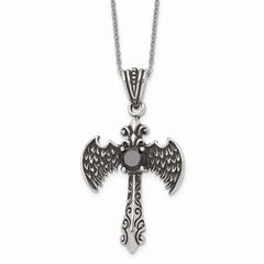 Stainless Steel Antiqued and Polished w/ Black CZ Cross Necklace