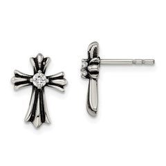 Stainless Steel Antiqued and Polished w/ CZ Cross Post Earrings