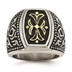 Stainless Steel Antiqued & Yellow IP-plated Cross Ring