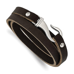 Stainless Steel Black and Brown Leather Wrap Bracelet