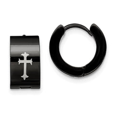 Stainless Steel Black IP-plated Round Hinged Hoop w/ Cross Earrings
